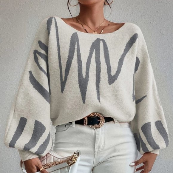 graphic scribble print lantern sleeve sweater top Crew Scoop Necks